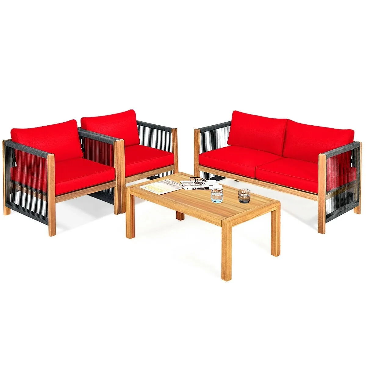 4pc Acacia Wood Outdoor Patio Furniture Set with Cushions - Red