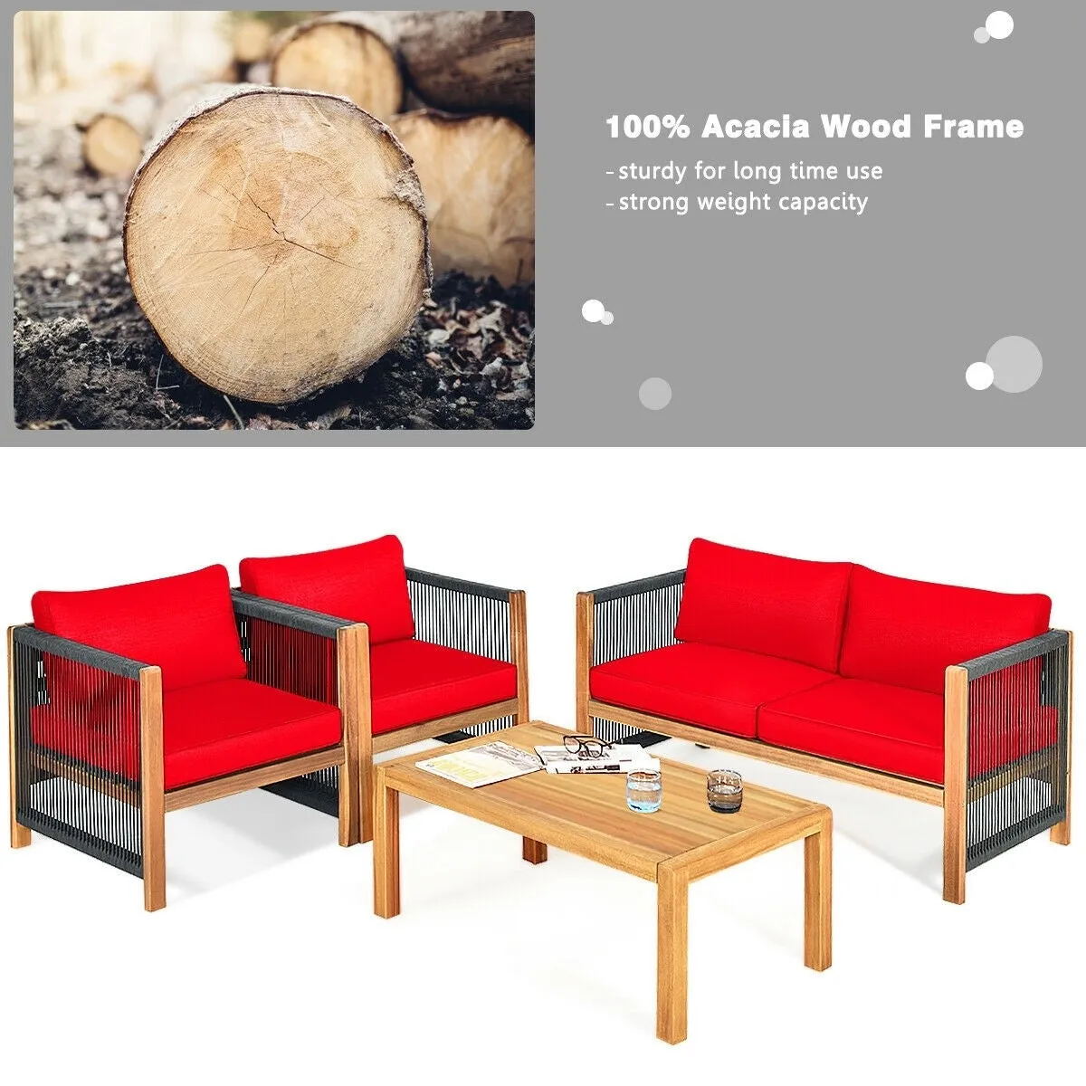 4pc Acacia Wood Outdoor Patio Furniture Set with Cushions - Red