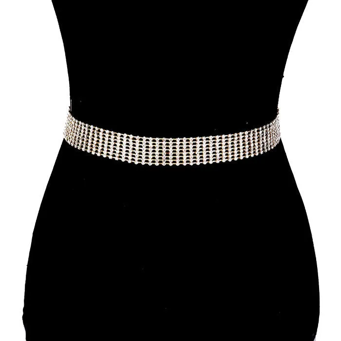 8 Row Crystal Embellished Rhinestone Pave Detail Glamorous Chain Belt