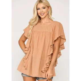 Apricot Color Textured Ruffle Sleeve Tunic Top with Back Keyhole