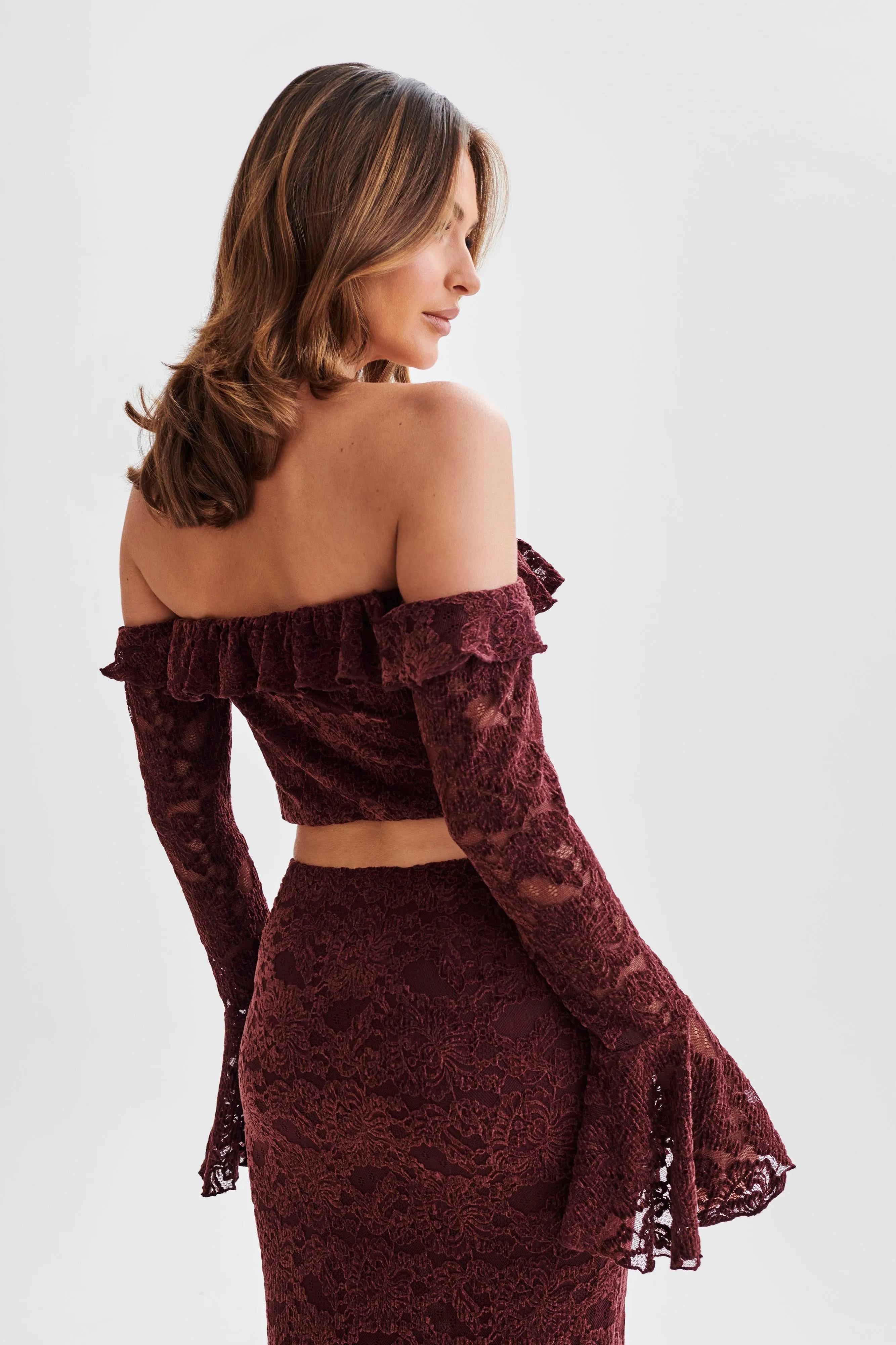 Artemis Lace Plisse Off Shoulder Top - Plum