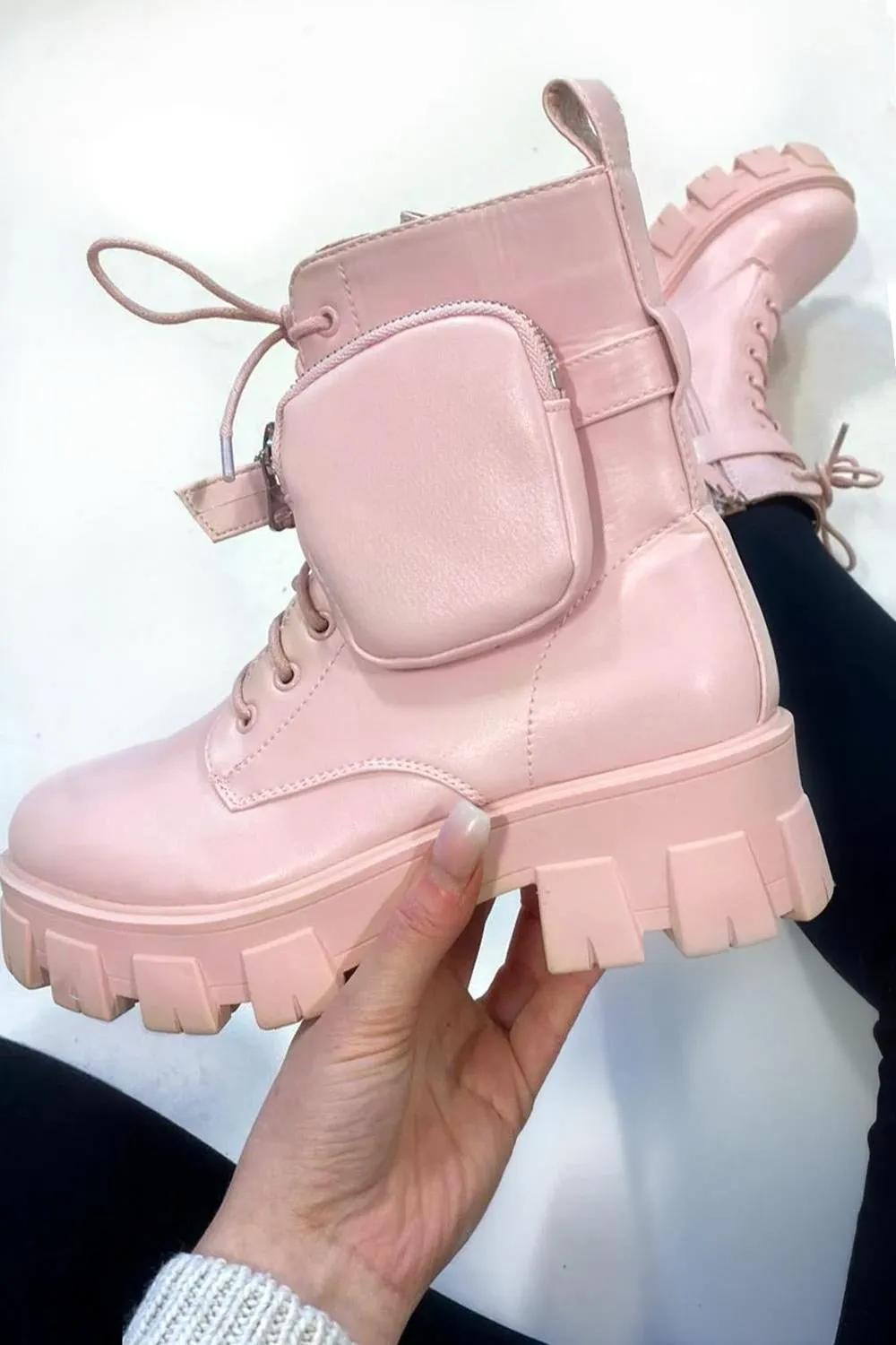 Baby Pink Chunky Pocket Detail Ankle Boots