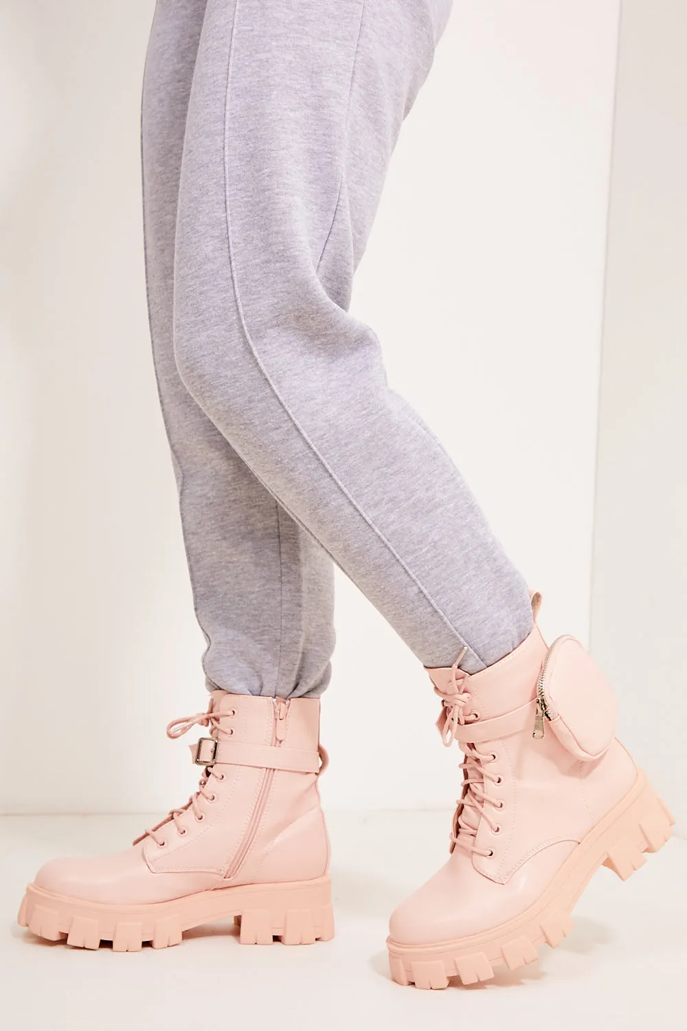 Baby Pink Chunky Pocket Detail Ankle Boots