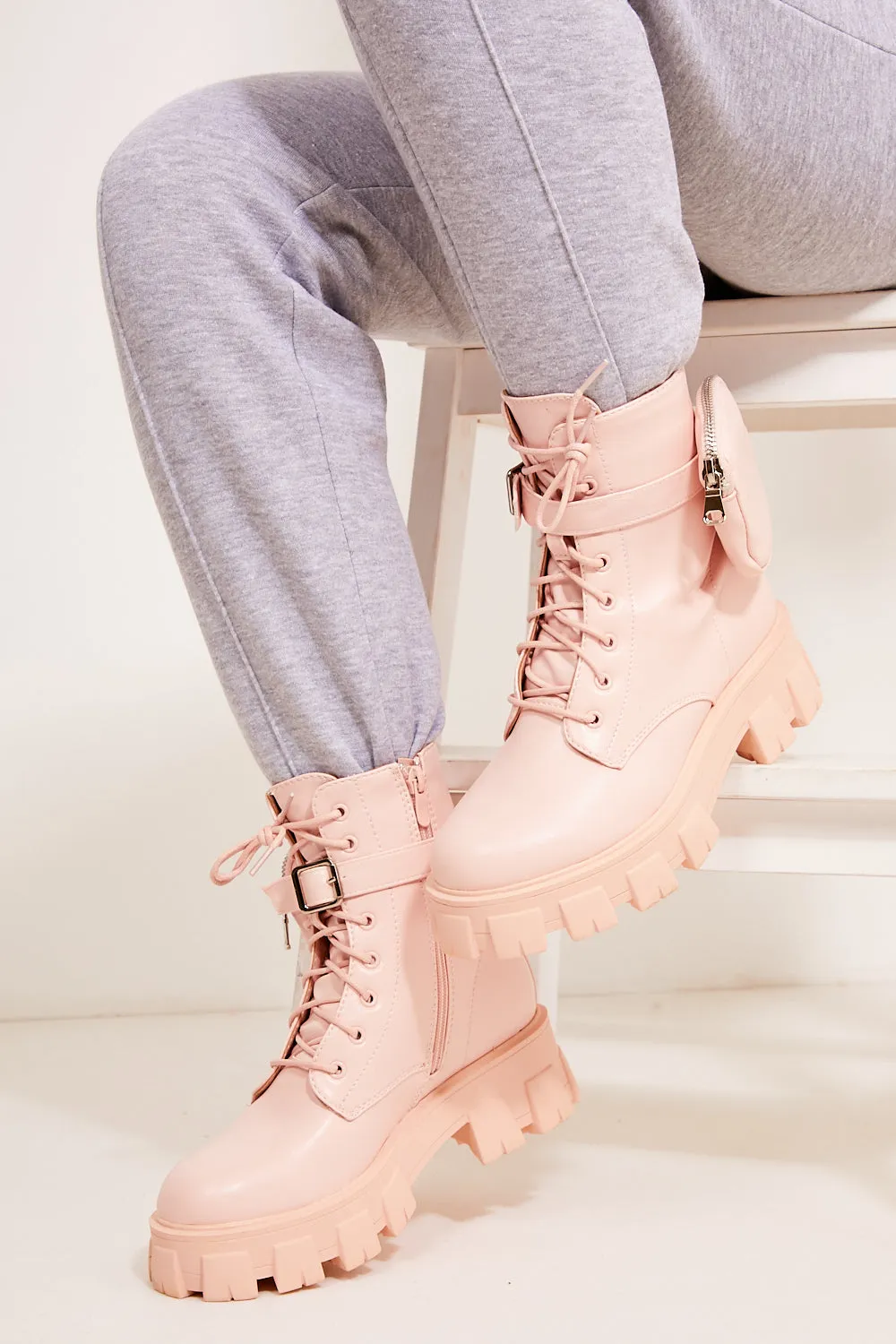 Baby Pink Chunky Pocket Detail Ankle Boots