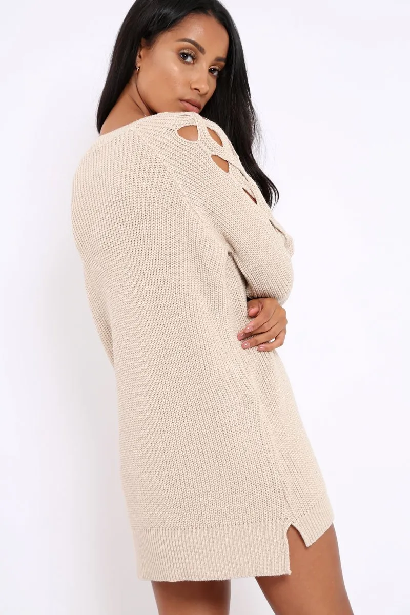 Beige Cable Knit Jumper Dress with Cut out Detail - Daysie