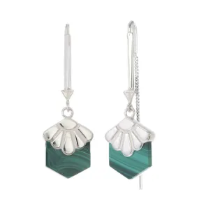 BIG DECO DAISY - PULL THROUGH EARRINGS - MALACHITE - SILVER