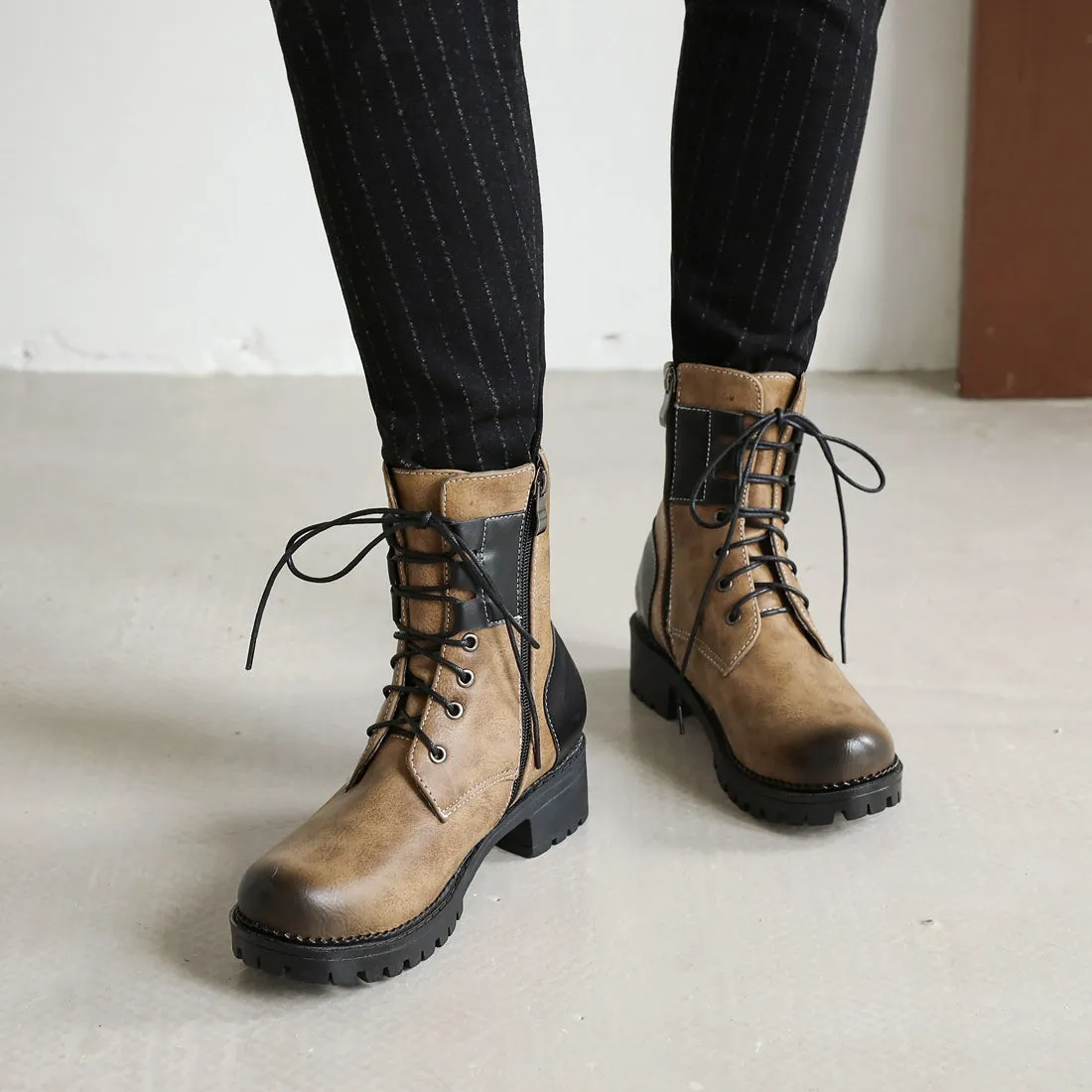 Bigsizeheels Colorblock retro fashion Martin boots - Brown