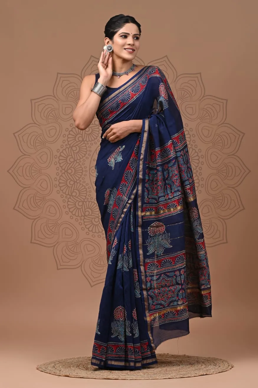 Blue Block Print Jaipuri Saree