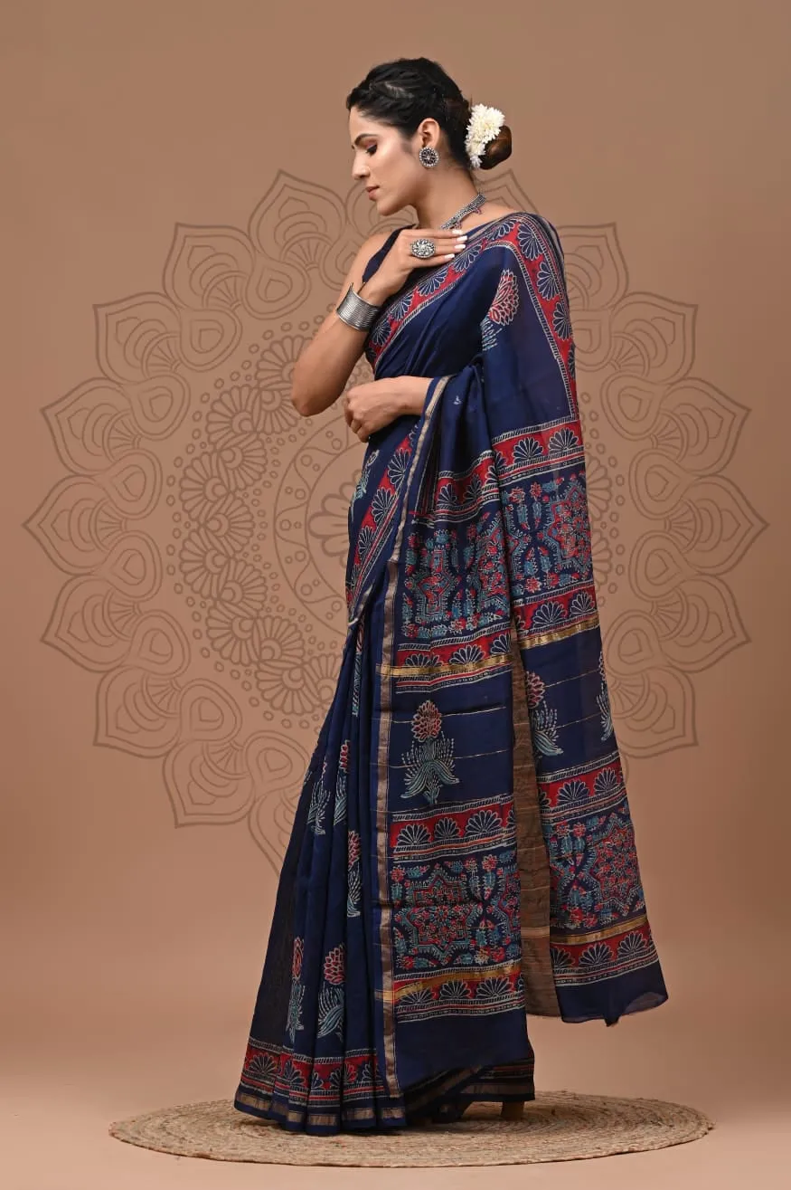 Blue Block Print Jaipuri Saree