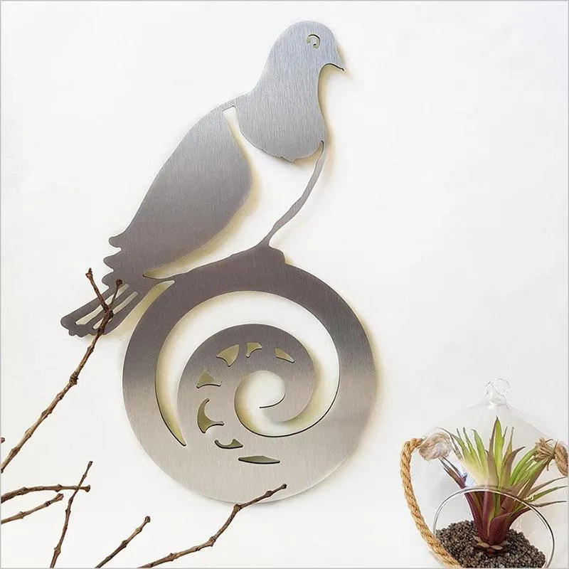 Brushed Copper Kereru Wood Pigeon on Koru Wall Art