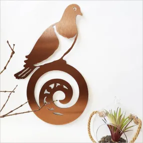 Brushed Copper Kereru Wood Pigeon on Koru Wall Art