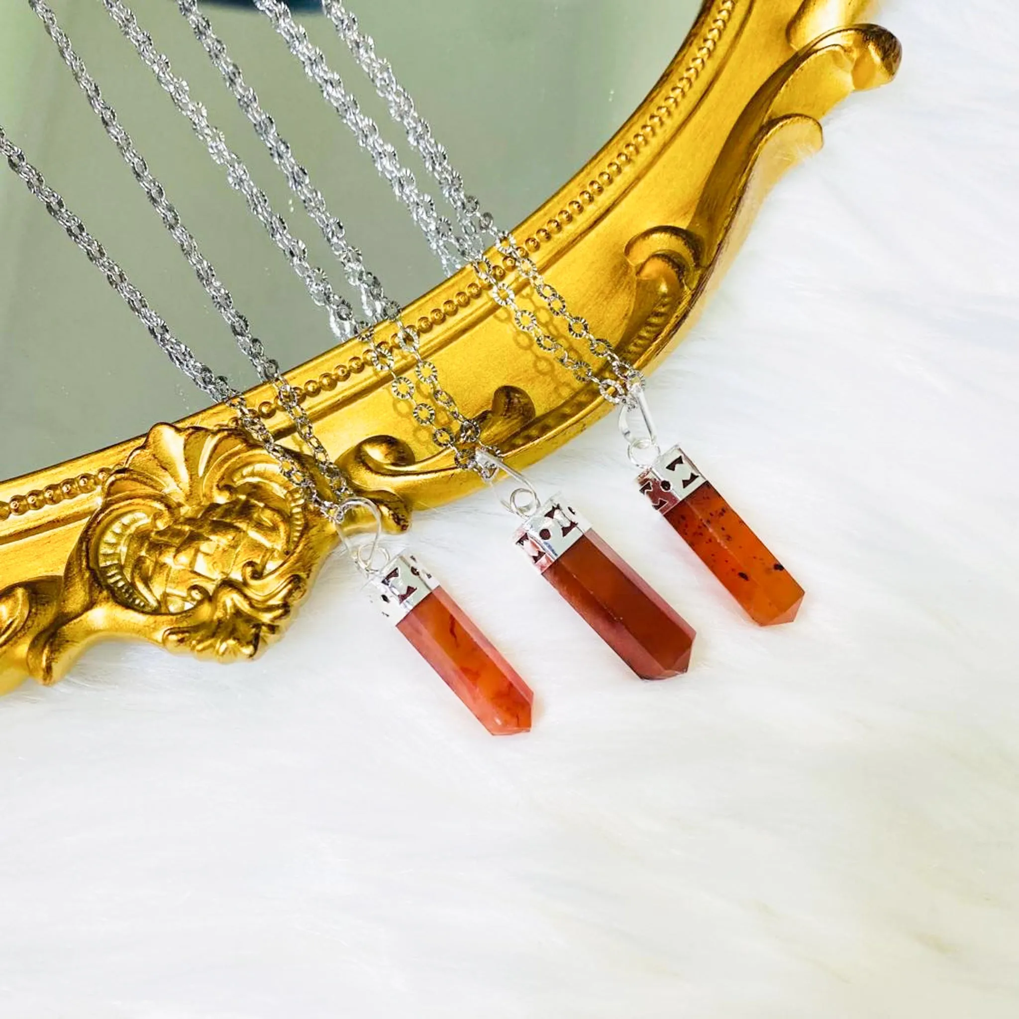 Carnelian Pointed Crystal Necklace with 18k Gold Dipped Silver Chain