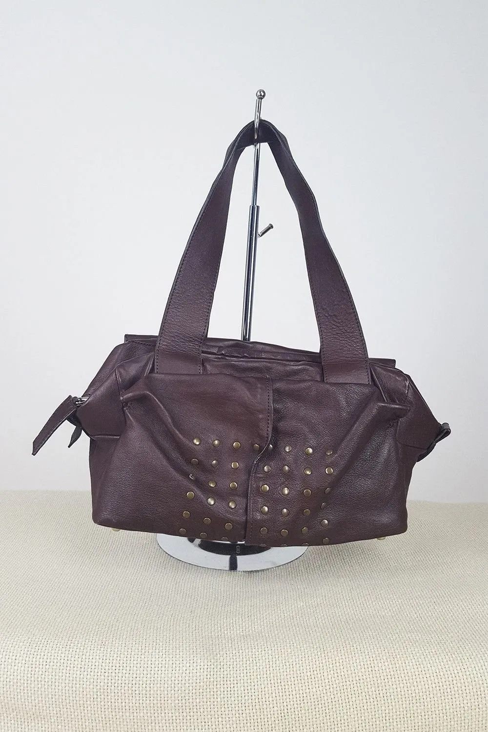 CHLOE Saskia Studded Brown Lambskin Shoulder Bag