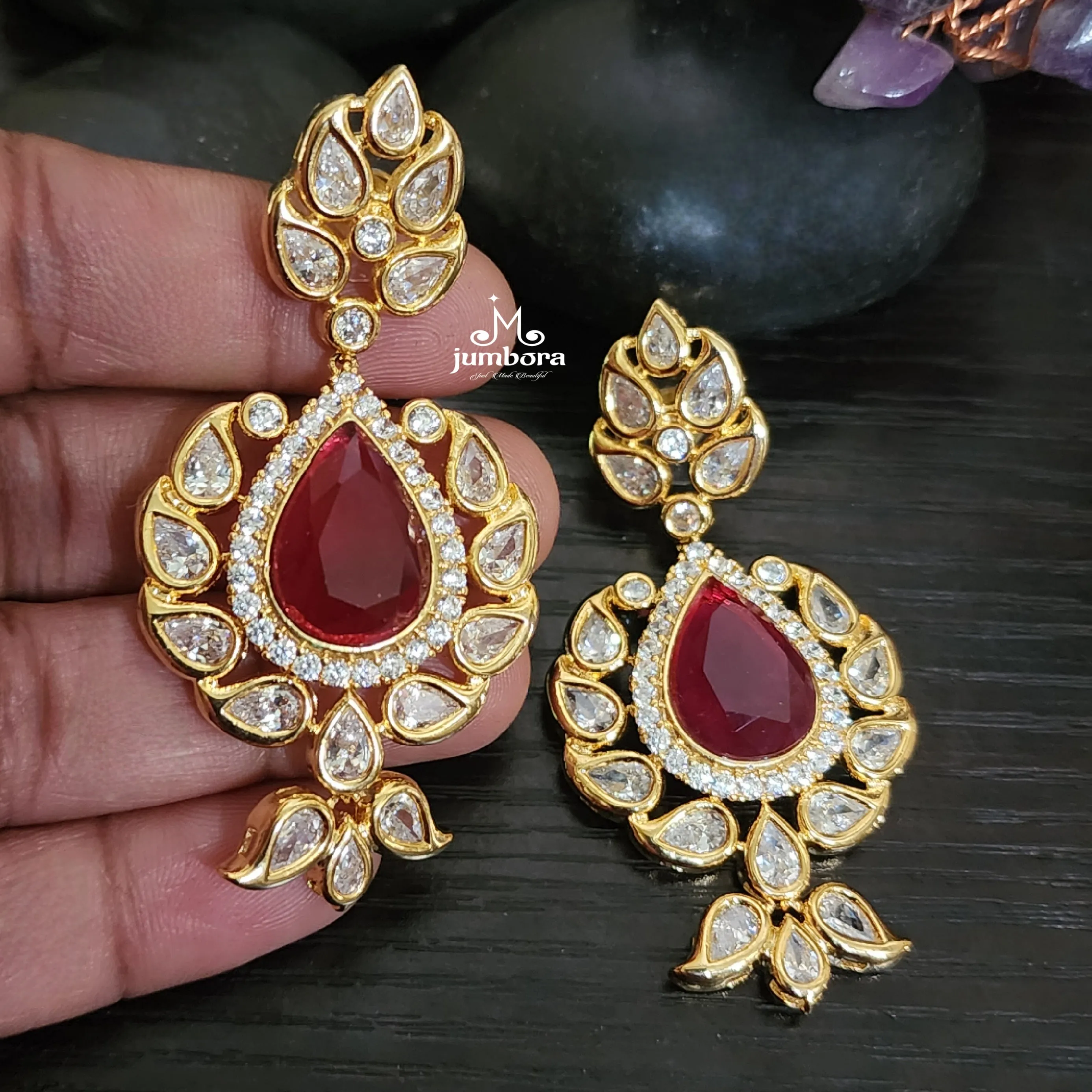 Contemporary Amrapali Red & White AD Zircon Earring