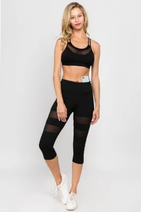 Galina Active Mesh Striped Single Pocket Capri Leggings