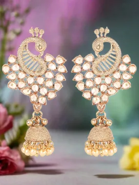 Gold-Plated Cz Studded Pearl Beaded Peacock Shaped Jhumka Drop Earrings