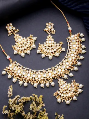 Gold Plated Kundan Studded & Faux Pearl Beaded Choker Jewellery Set With Maangtikka