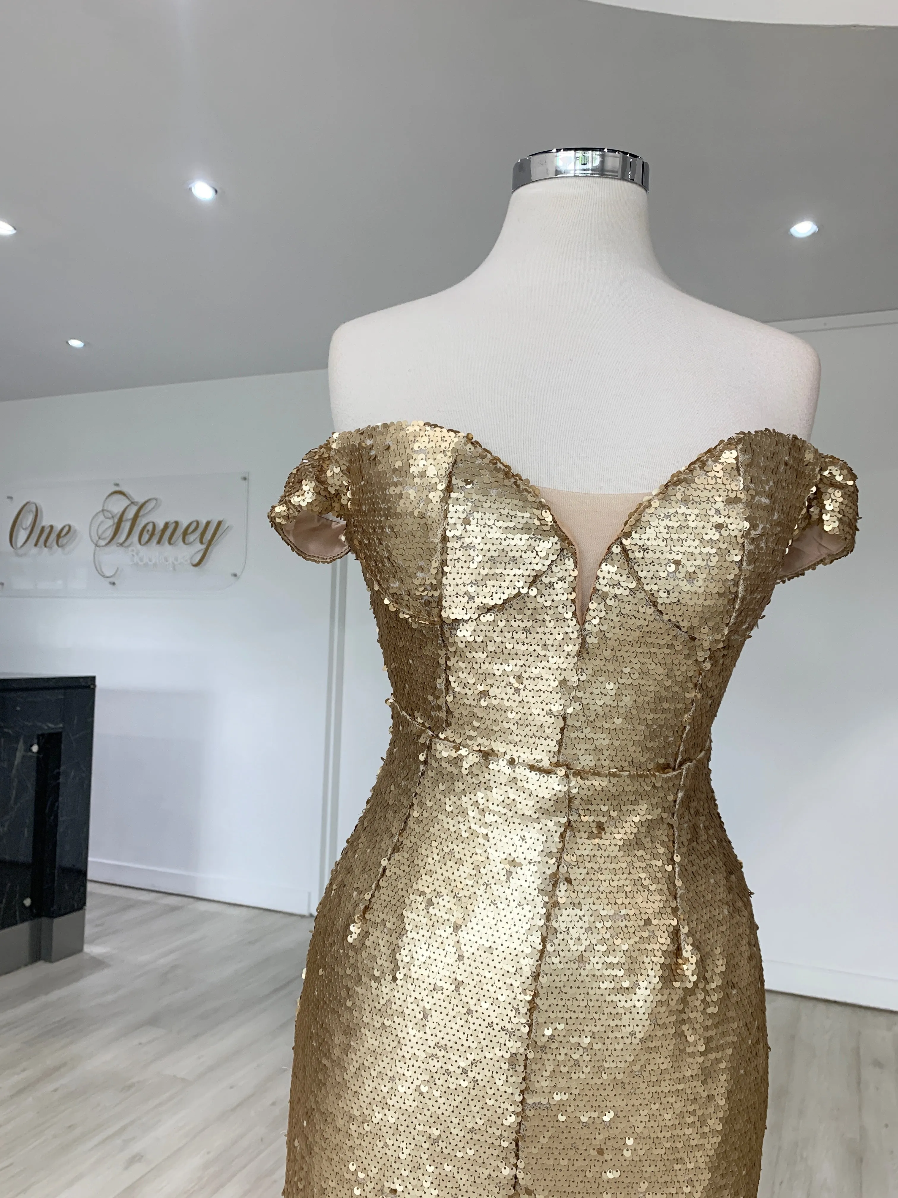 Honey Couture CONTESSA Gold Sequin Off Shoulder Mermaid Formal Dress