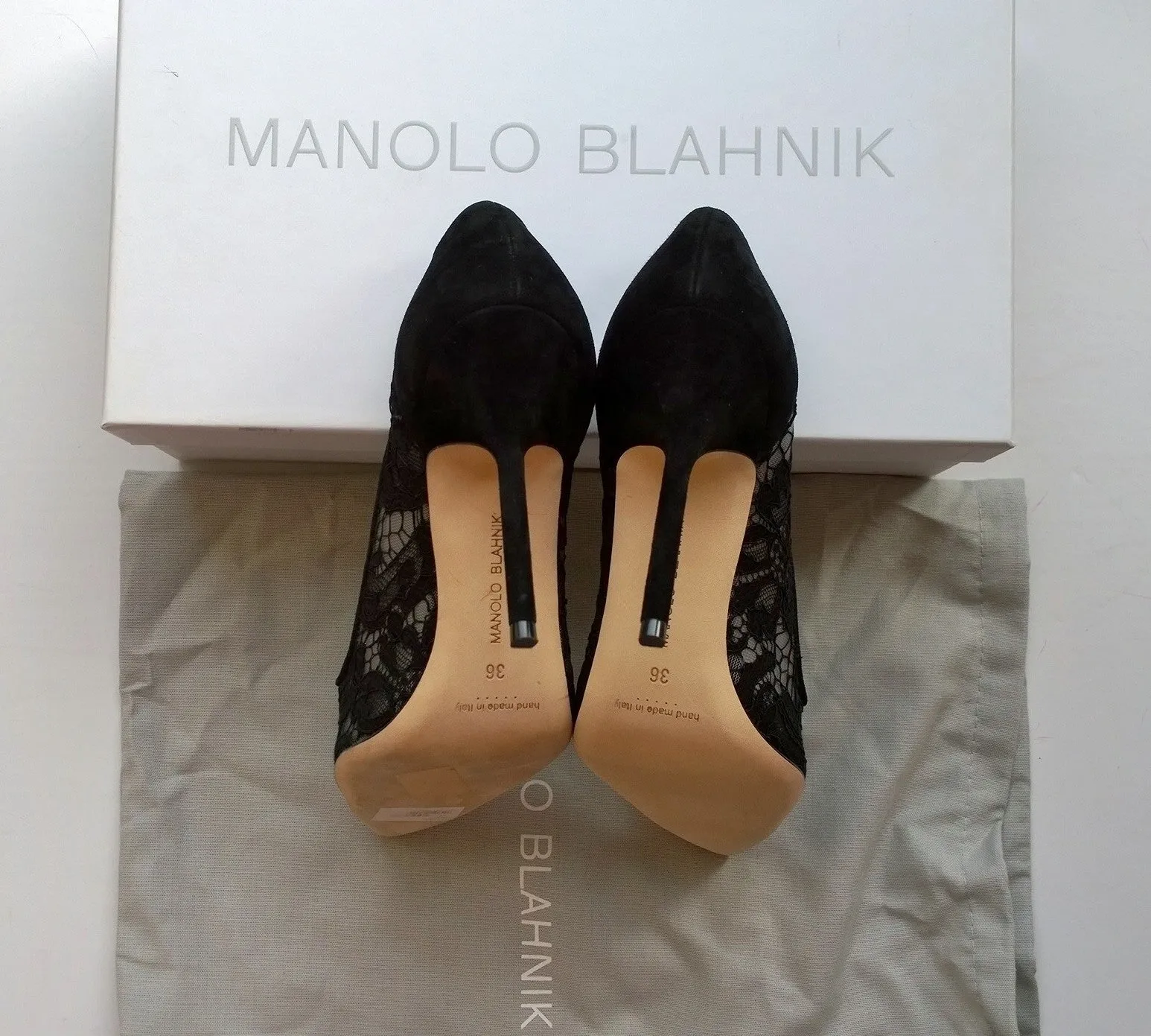 Manolo Blahnik Solola 105 Black Lace and Suede Heels