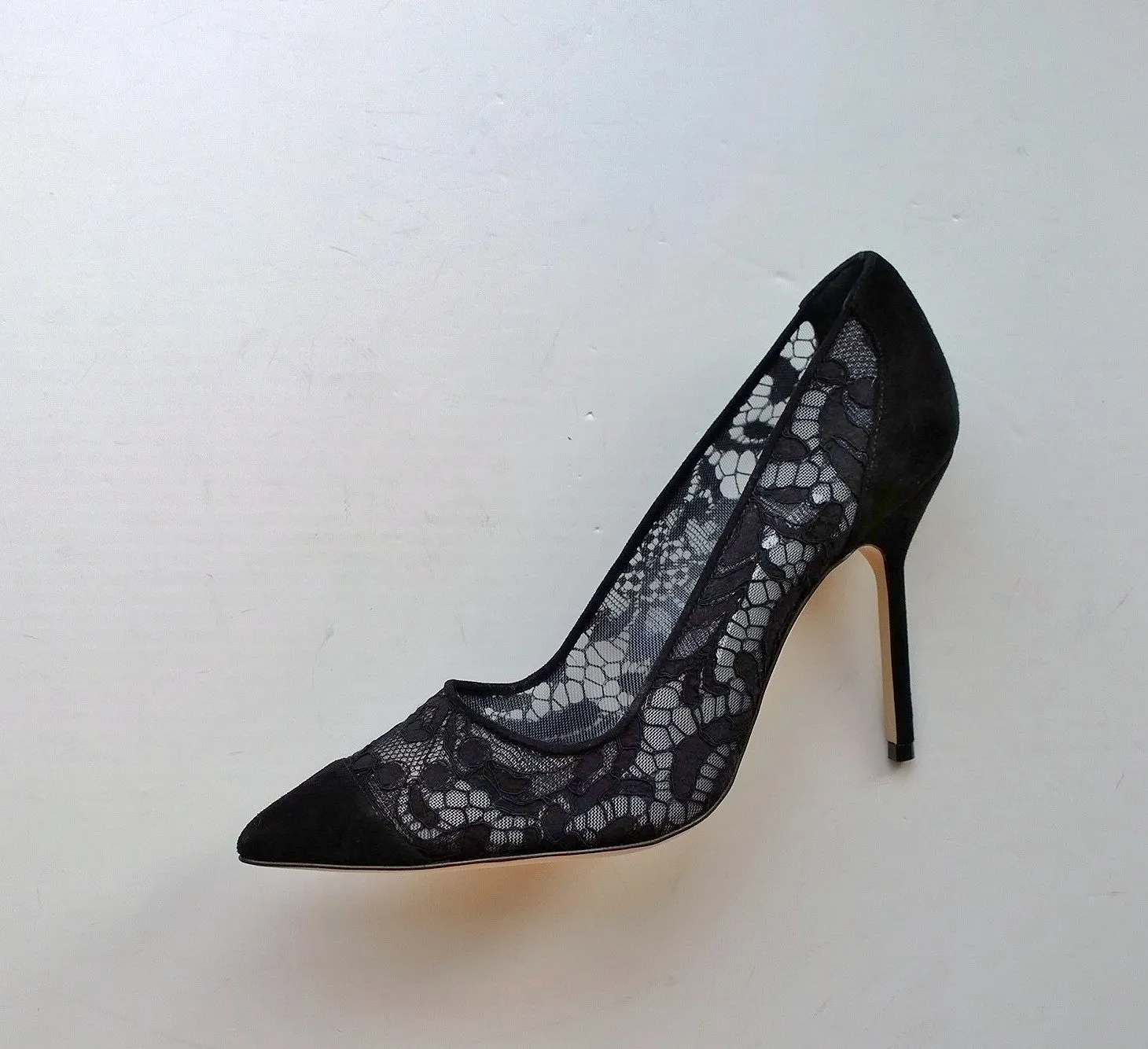 Manolo Blahnik Solola 105 Black Lace and Suede Heels