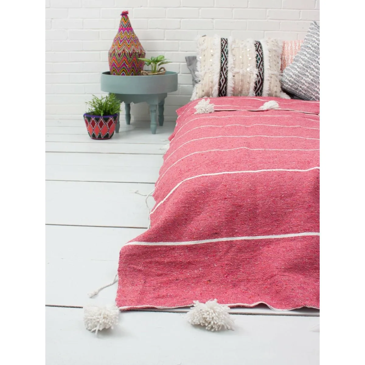 Moroccan Blanket - Hot Pink with Pom Poms