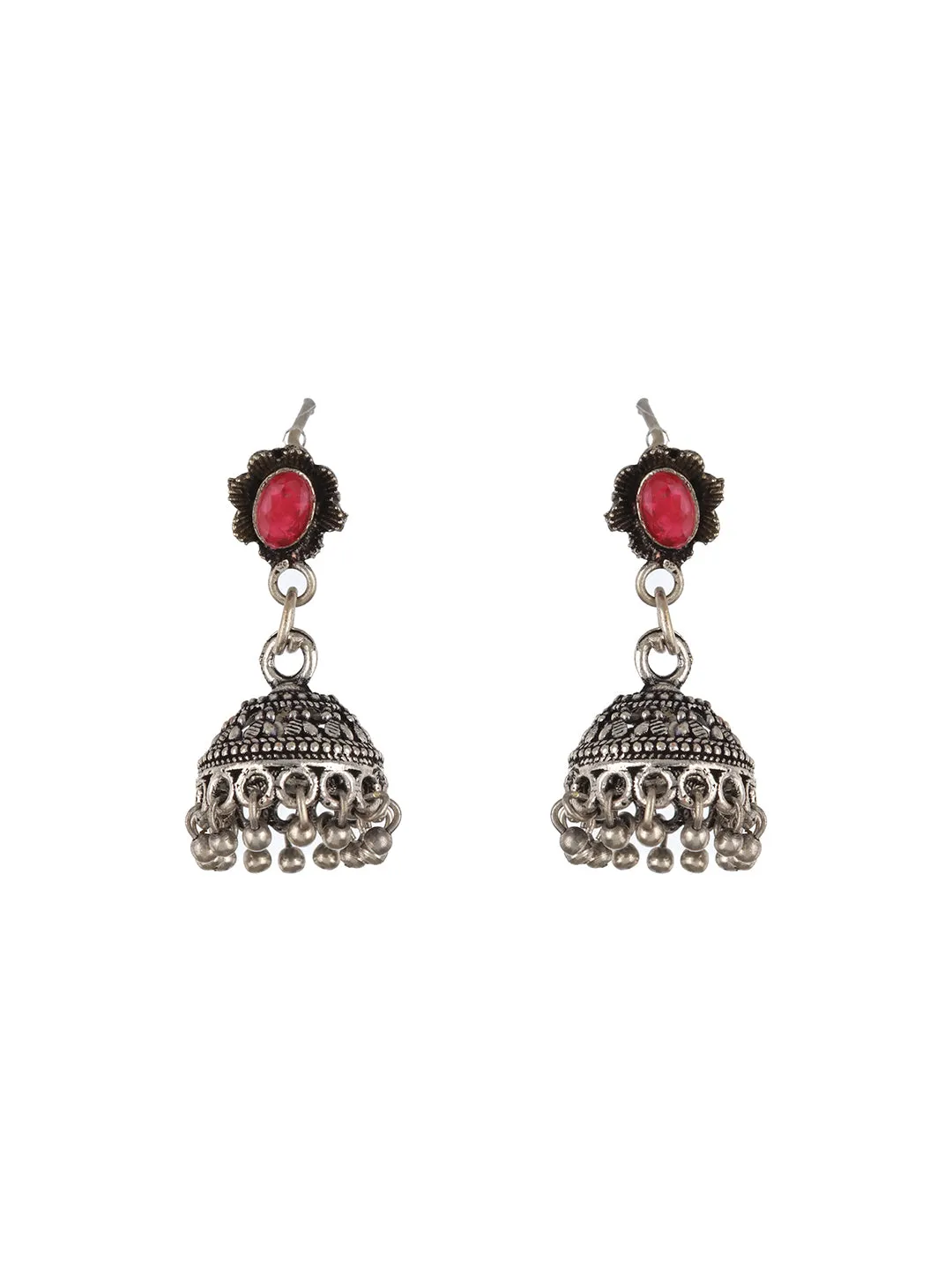 Oxidized Silver-Plated Red Stone-Studded Jewelry Set