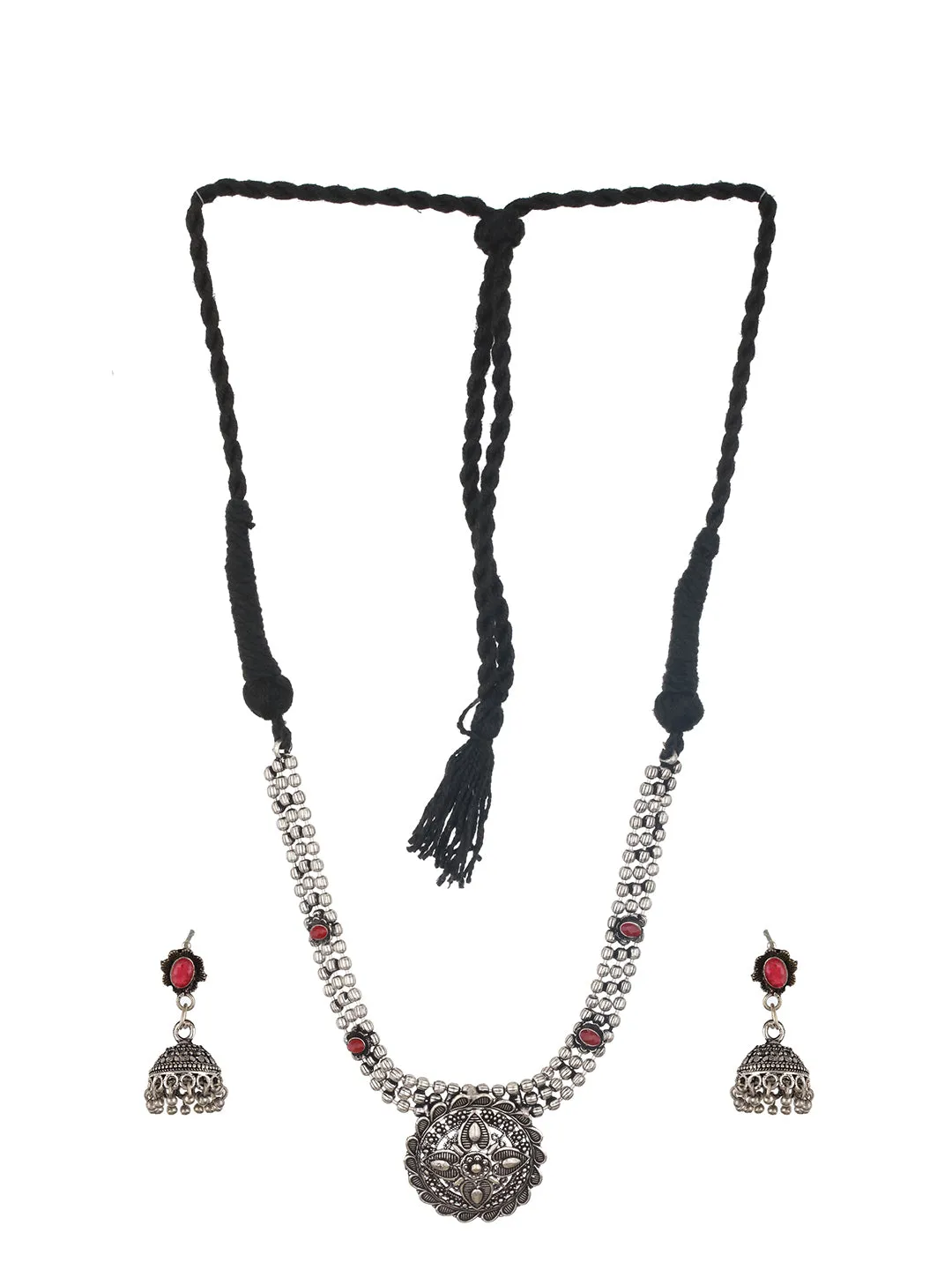 Oxidized Silver-Plated Red Stone-Studded Jewelry Set