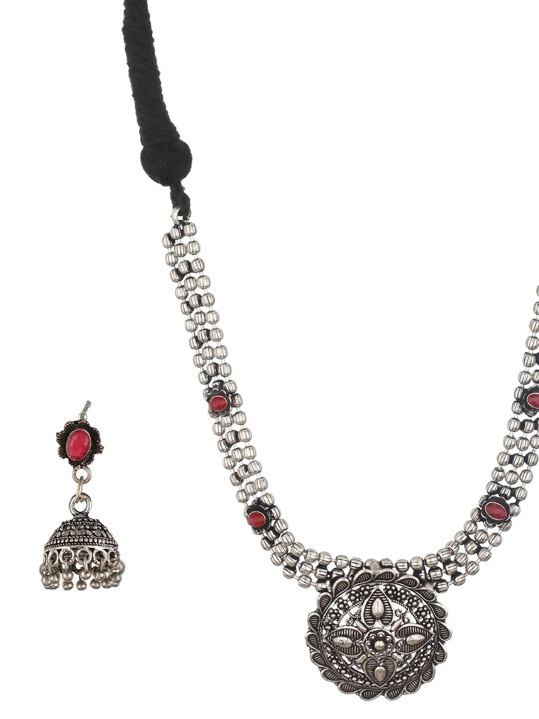 Oxidized Silver-Plated Red Stone-Studded Jewelry Set