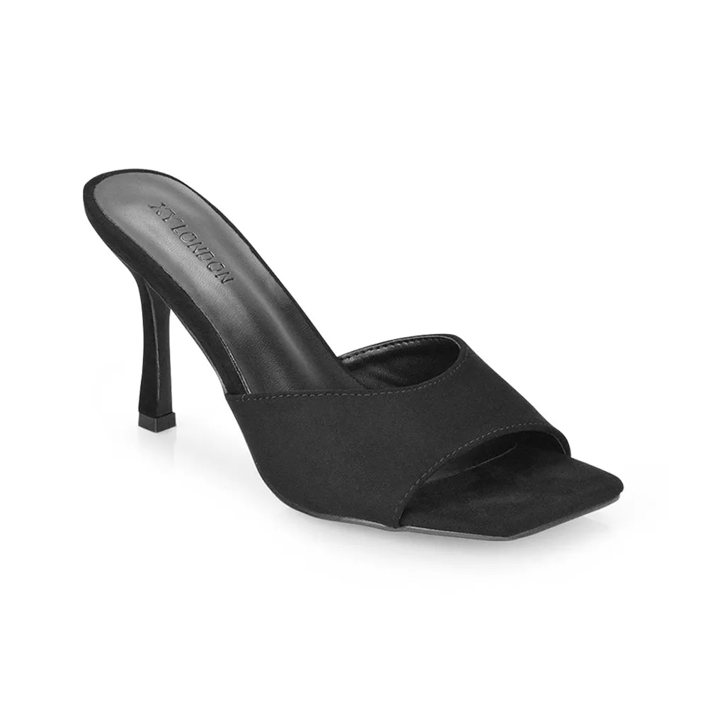 Sia Stiletto High Heeled Slip on Square Toe Mule Sandals in Black Faux Suede