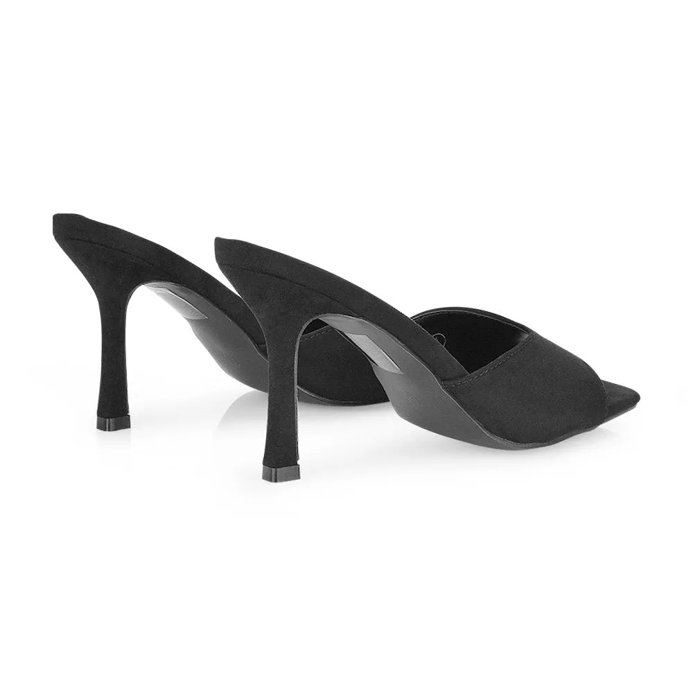 Sia Stiletto High Heeled Slip on Square Toe Mule Sandals in Black Faux Suede