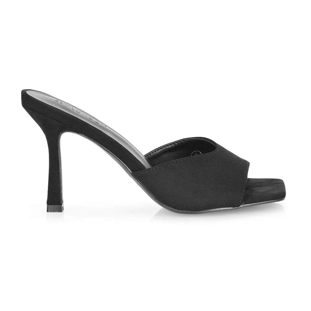 Sia Stiletto High Heeled Slip on Square Toe Mule Sandals in Black Faux Suede