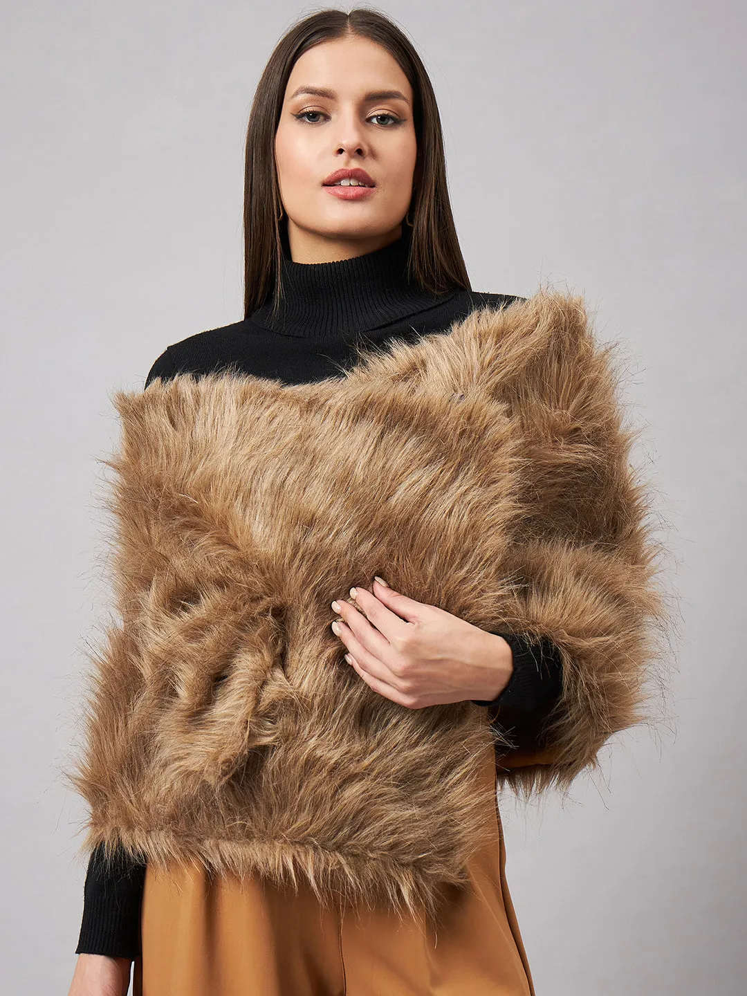 Style Quotient Women Animal Printed Beige Fur Smart Casual Cape Shawl