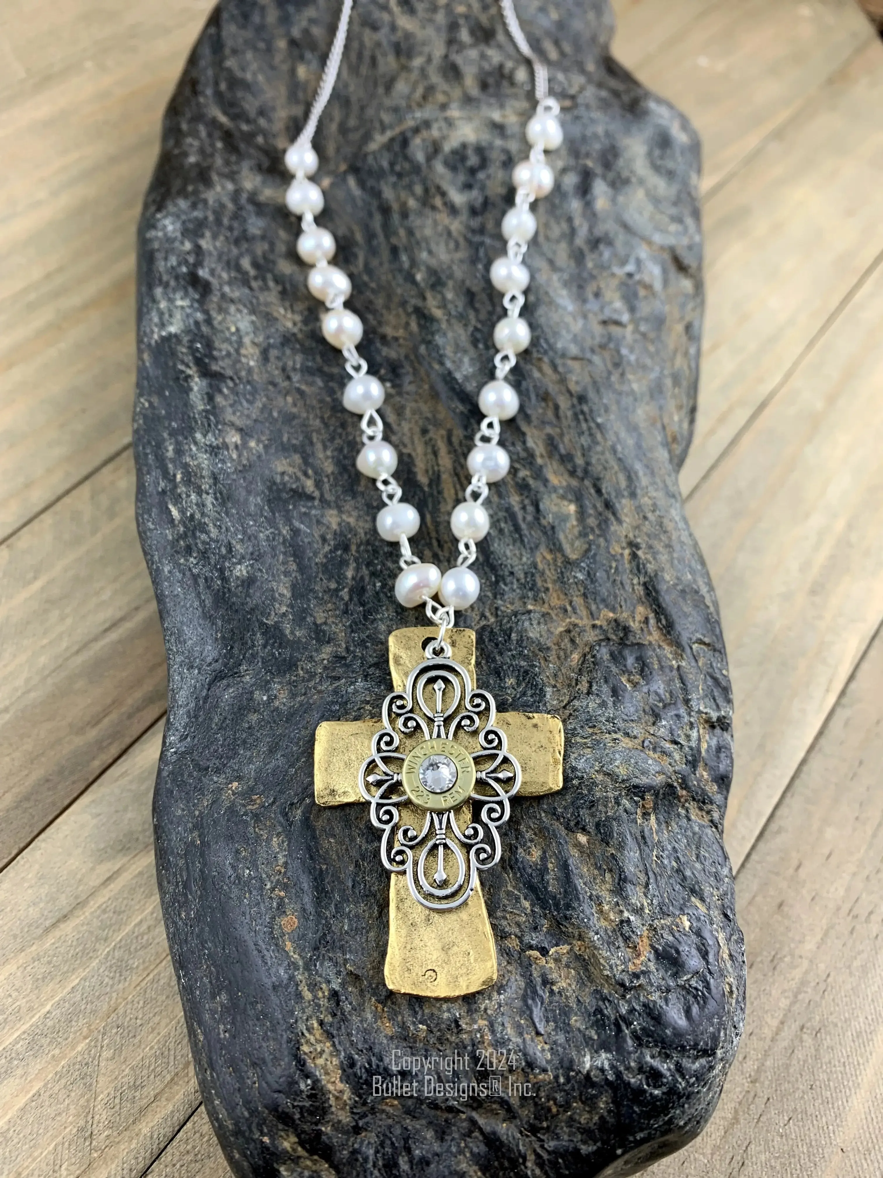 The Preacher's Wife Bullet Necklace, Winchester Brass 223, 9mm, 380, Antique Silver & Gold, Elegant, Hammered Cross, Filigree, Freshwater Pearl, Custom