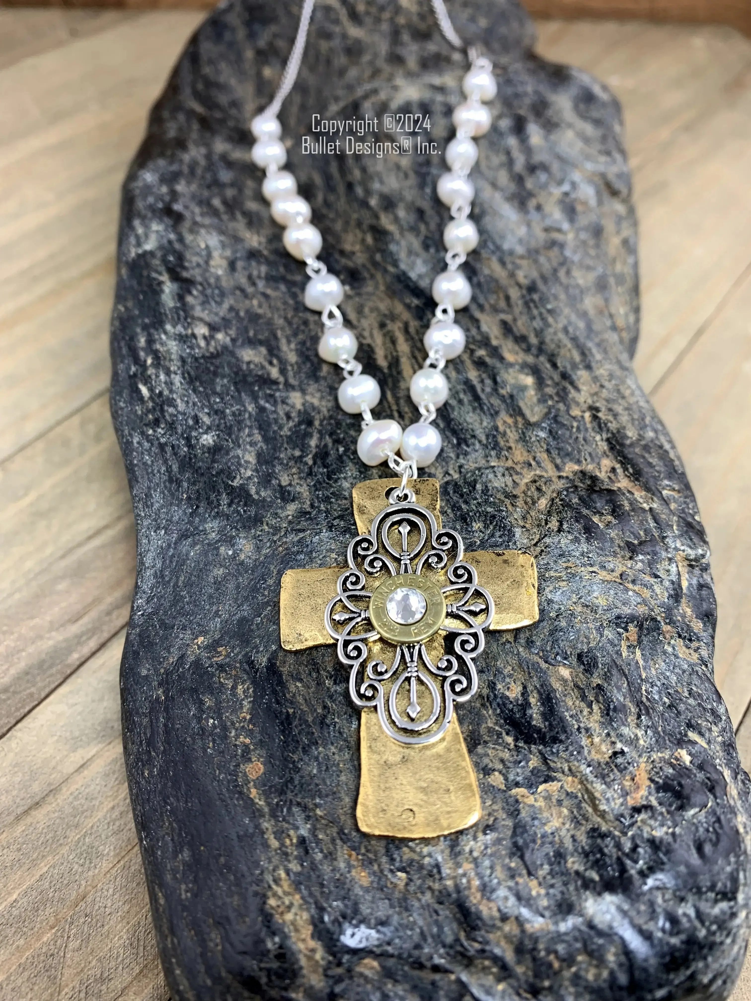 The Preacher's Wife Bullet Necklace, Winchester Brass 223, 9mm, 380, Antique Silver & Gold, Elegant, Hammered Cross, Filigree, Freshwater Pearl, Custom