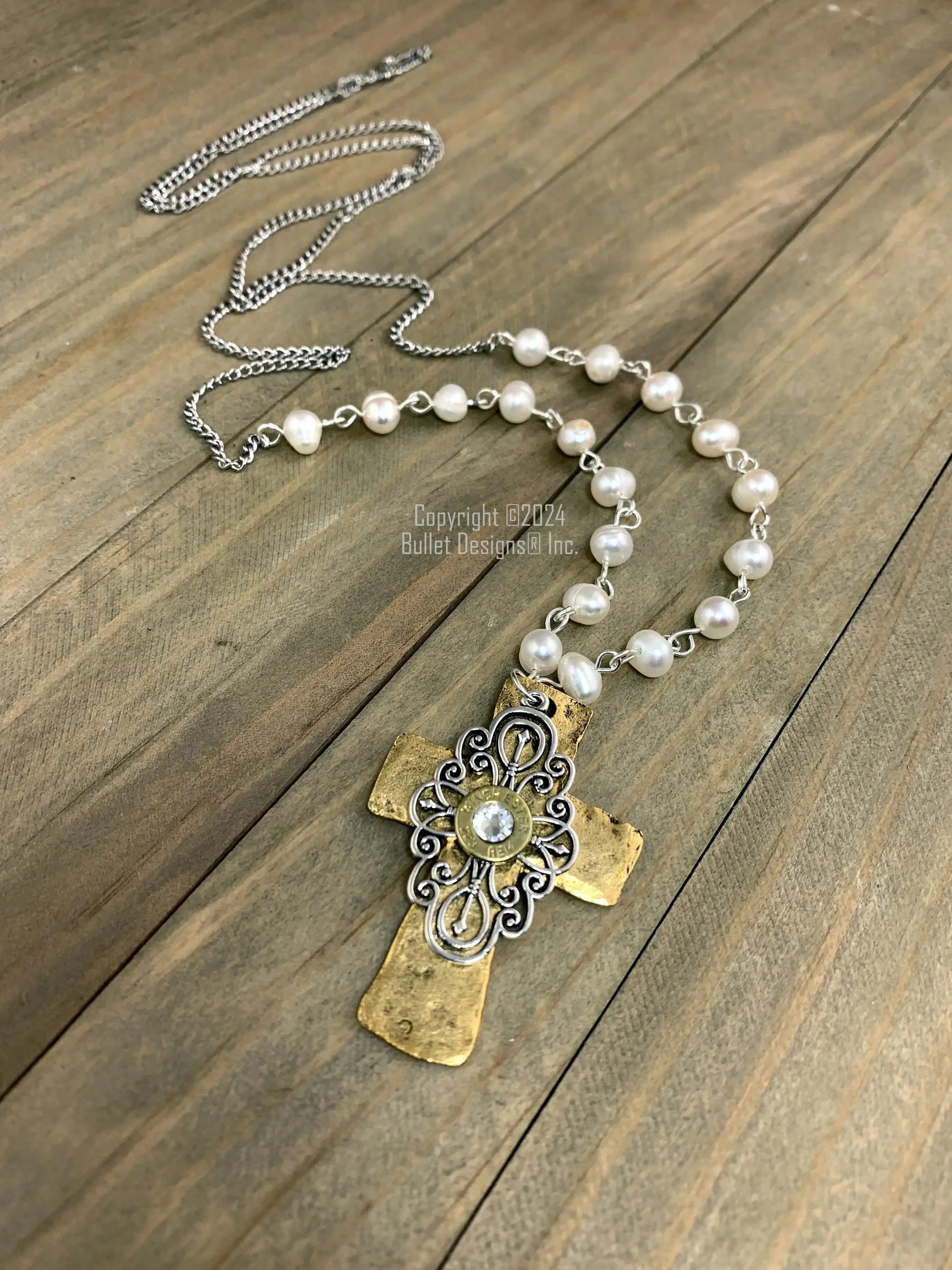 The Preacher's Wife Bullet Necklace, Winchester Brass 223, 9mm, 380, Antique Silver & Gold, Elegant, Hammered Cross, Filigree, Freshwater Pearl, Custom