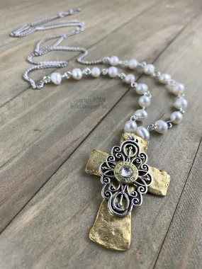 The Preacher's Wife Bullet Necklace, Winchester Brass 223, 9mm, 380, Antique Silver & Gold, Elegant, Hammered Cross, Filigree, Freshwater Pearl, Custom