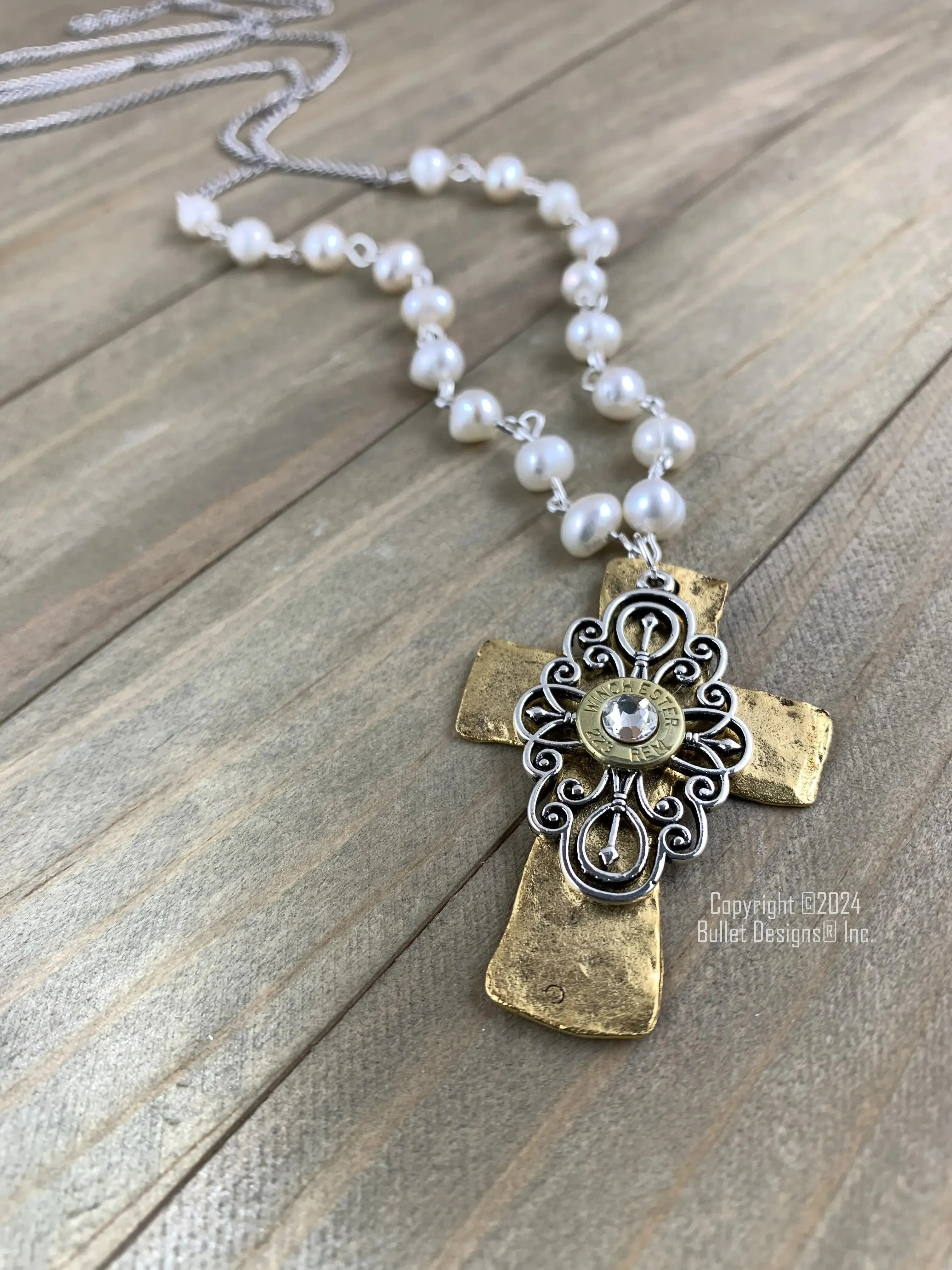 The Preacher's Wife Bullet Necklace, Winchester Brass 223, 9mm, 380, Antique Silver & Gold, Elegant, Hammered Cross, Filigree, Freshwater Pearl, Custom