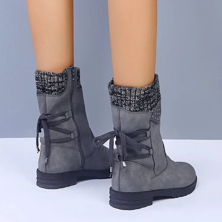 Women's PU Knitted Stitching Flat Ankle Boots