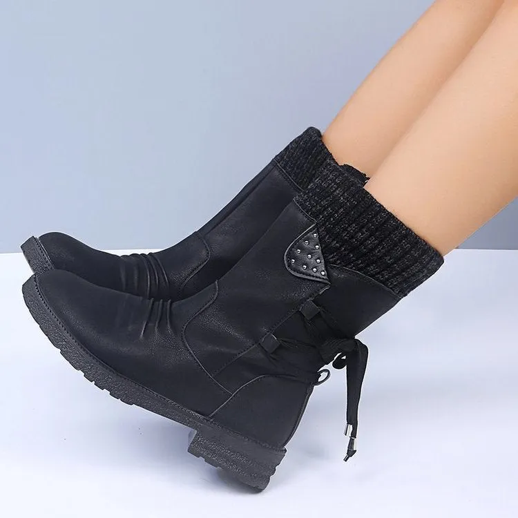 Women's PU Knitted Stitching Flat Ankle Boots