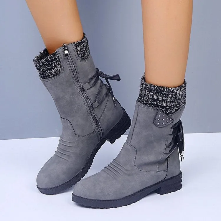 Women's PU Knitted Stitching Flat Ankle Boots