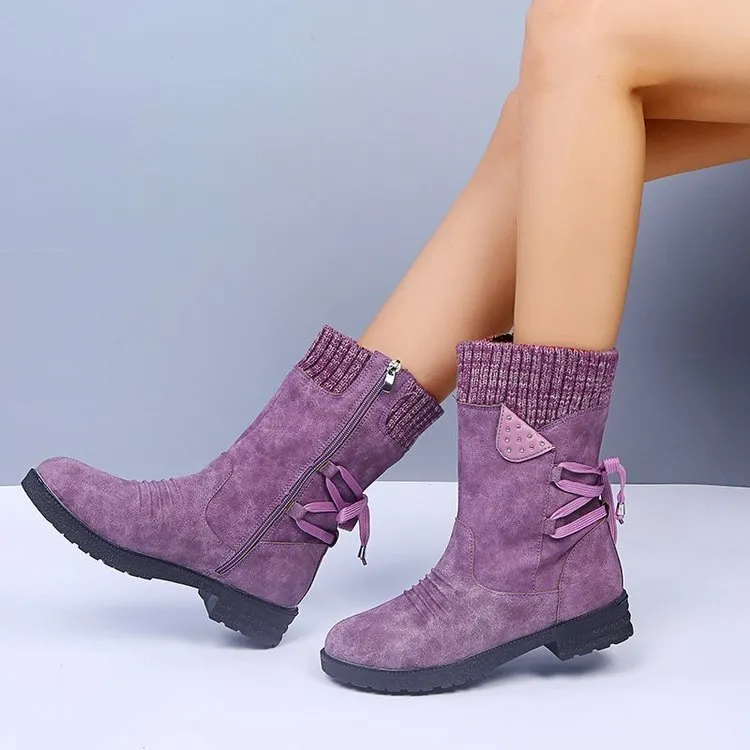 Women's PU Knitted Stitching Flat Ankle Boots