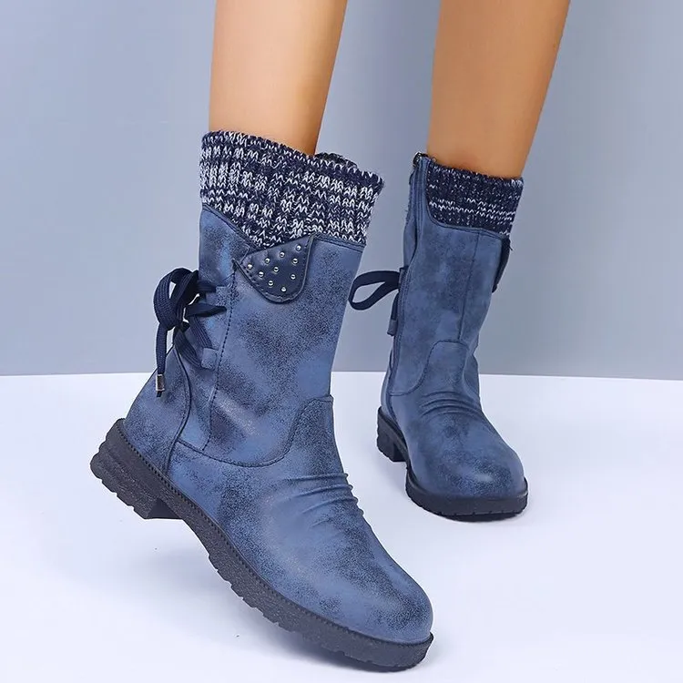 Women's PU Knitted Stitching Flat Ankle Boots